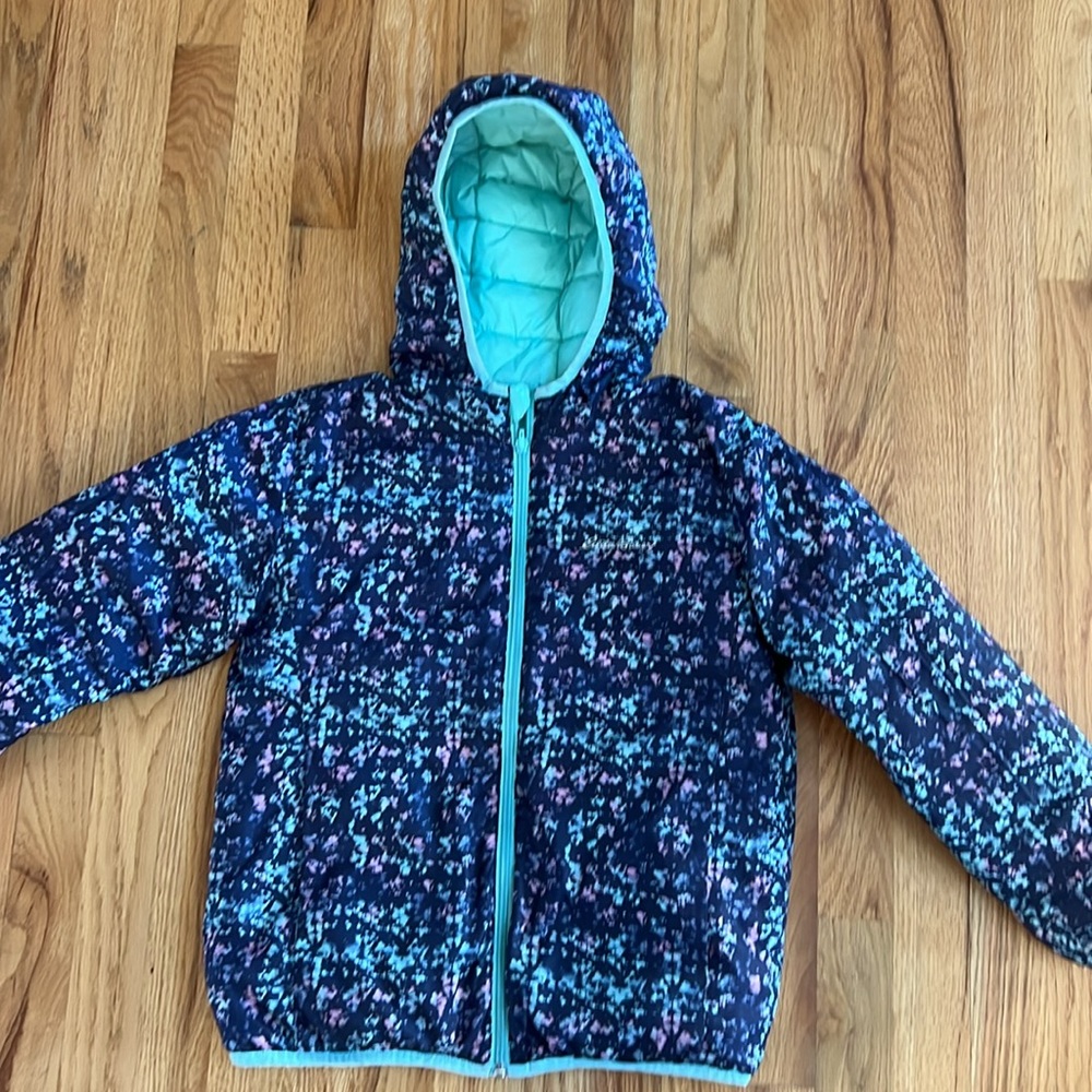 Eddie Bauer Reversible Puffy Jacket girls blue multi color Size 10/12